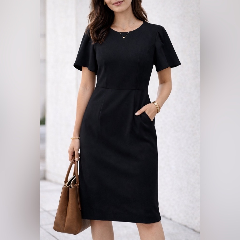 LOFT Black Petite Sheath Dress 8P Flutter Sleeve Knee Length Work with pockets